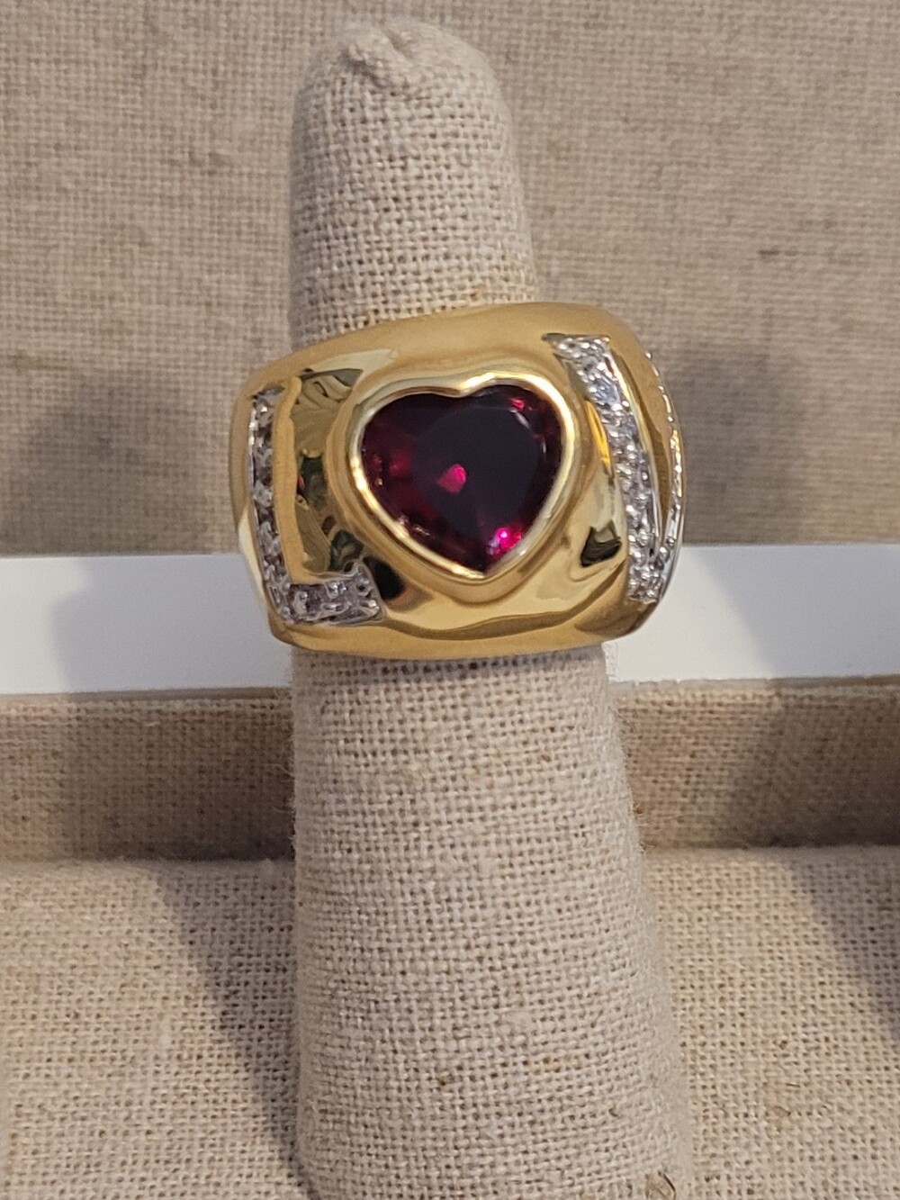 Love Gold Heart Wide Cigar Band Ring Ruby Red Stone Pave CZs 5